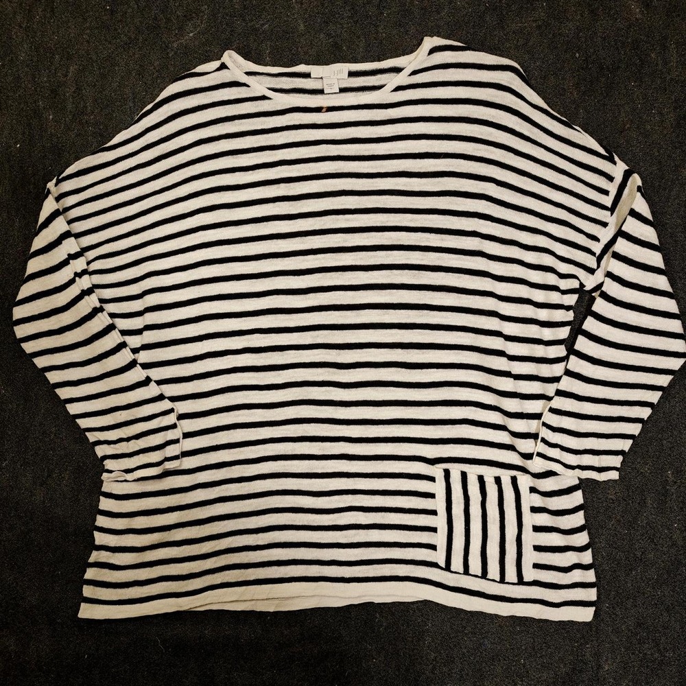 J. Jill Women White Black Striped Linen Cotton Knit Long Sleeve Pocket Top S